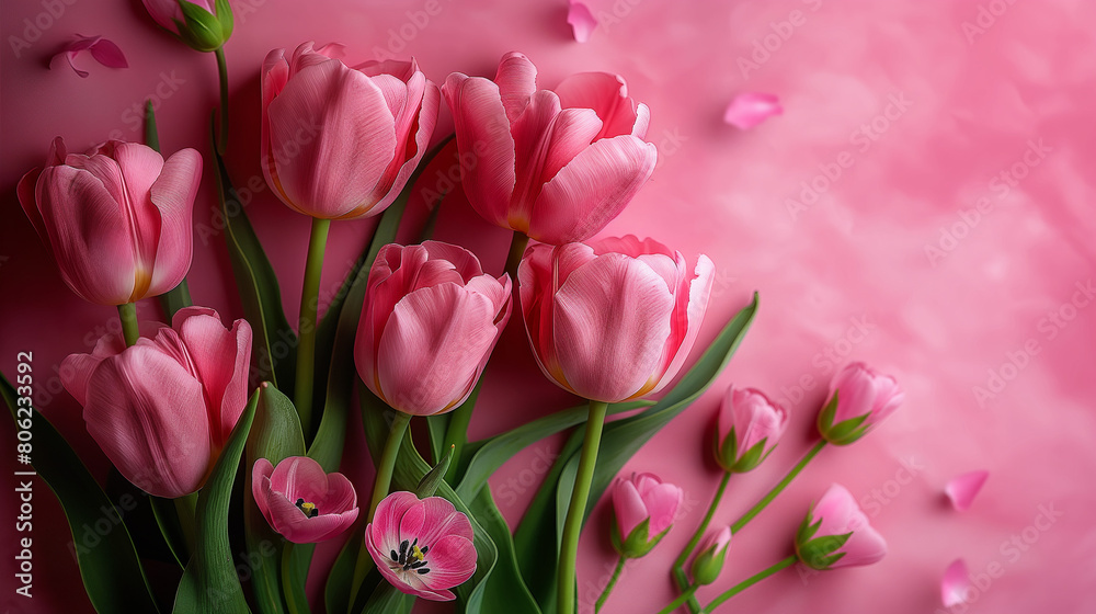 Fototapeta premium The symbol of Happy Mother Day with pink tulip flower on pink background. Generative AI Illustrations.