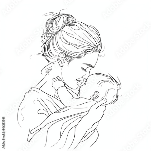 Mom holding a new born baby. Line art family portret. Generative AI Illustrations.