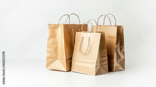 Recycled paper shopping bags arranged on a white background.