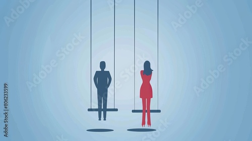 Gender equality, equal treatment male and female in society and business. balance on a swing man and woman equal opportunities. fair opportunities for different genders. treat female and male equally