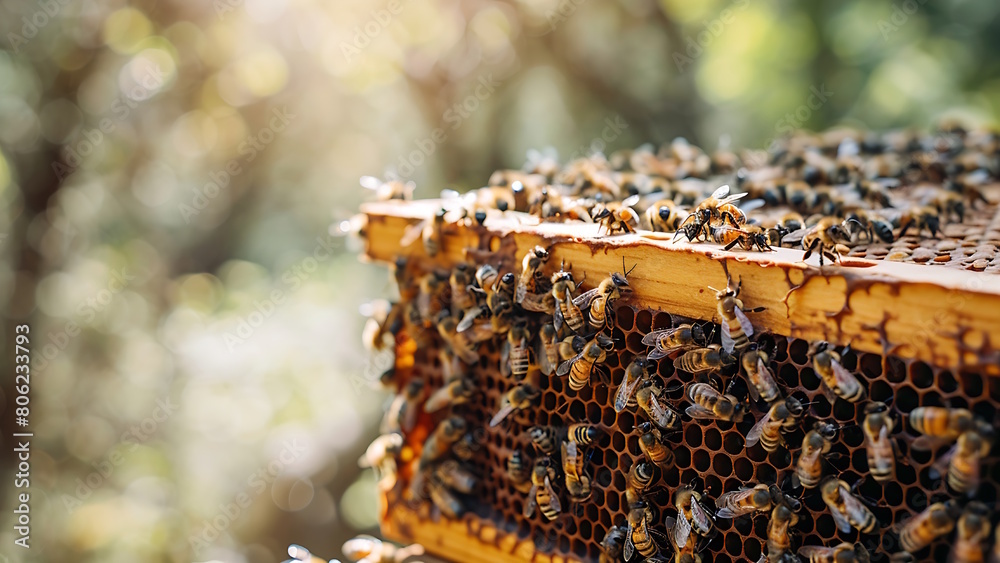 Honeycomb with bees making honey. Honeycomb with bees making honey.