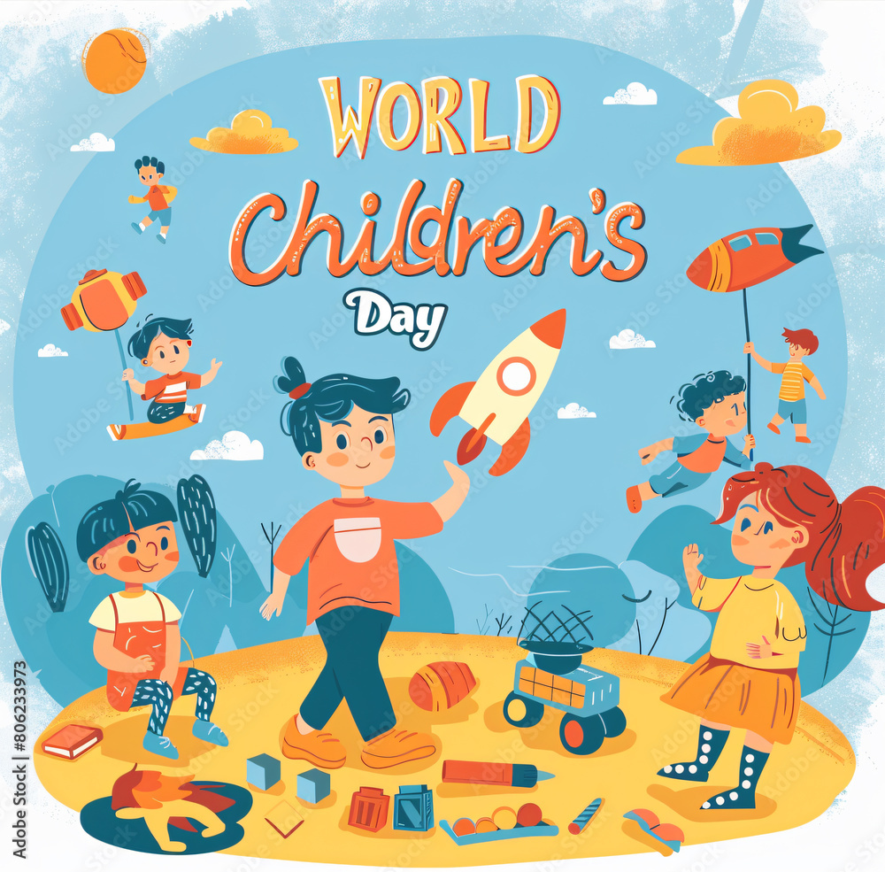 Fototapeta premium Illustration Featuring Happy Children Enjoying Fun and Togetherness, Promoting Education and Friendship in a Colourful and Joyful Event. Global Celebration of Children's Day.