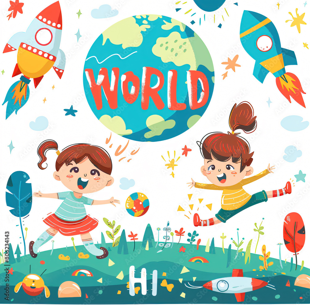 Naklejka premium Illustration Featuring Happy Children Enjoying Fun and Togetherness, Promoting Education and Friendship in a Colourful and Joyful Event. Global Celebration of Children's Day.