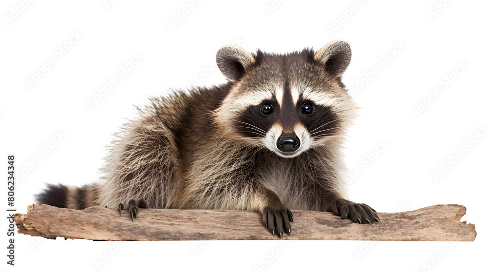 Young racoon cub sitting on branch and looking straight ahead