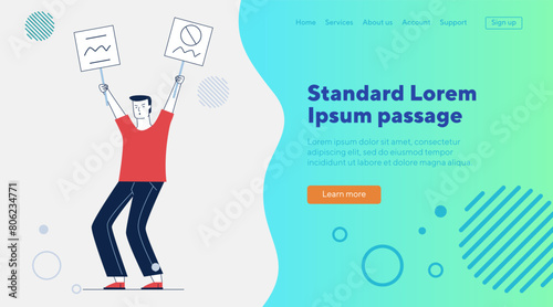 Protest activist holding placards placard. Male character showing poster flat vector illustration. Protester, demonstration, campaign concept for banner, website design or landing web page