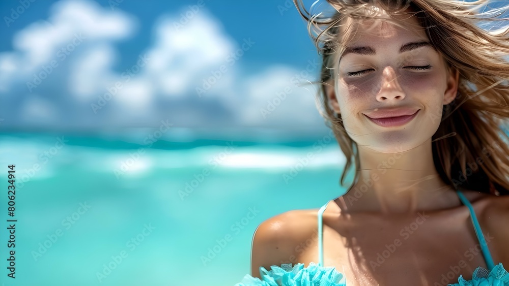 Young woman in beach dress enjoying sunny day at fictional beach. Concept Vacation Vibes, Beach Glamour, Summer Style, Tropical Fantasy