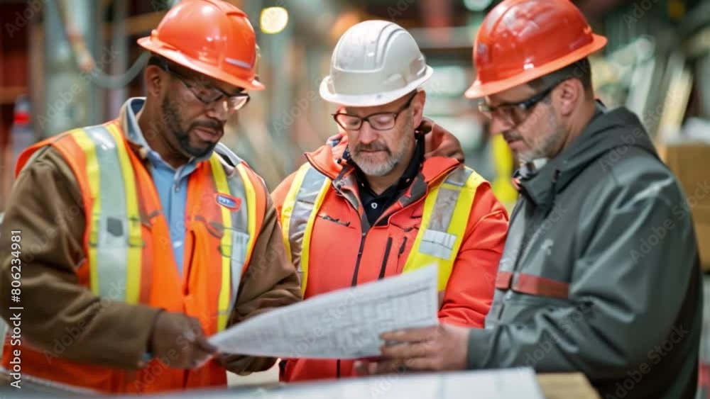 A team of planning engineers talks with project managers and construction workers to refine strategies for optimal project execution. Blueprints and plans in hand at construction site A team of planning engineers talks with project managers and construction workers to refine strategies for optimal project execution. Blueprints and plans in hand at construction site