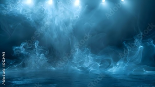 Abstract dark blue background with neon light spotlights and smoke floating. Concept Abstract Art, Dark Blue Background, Neon Lights, Smoke Effects, Creative Photography
