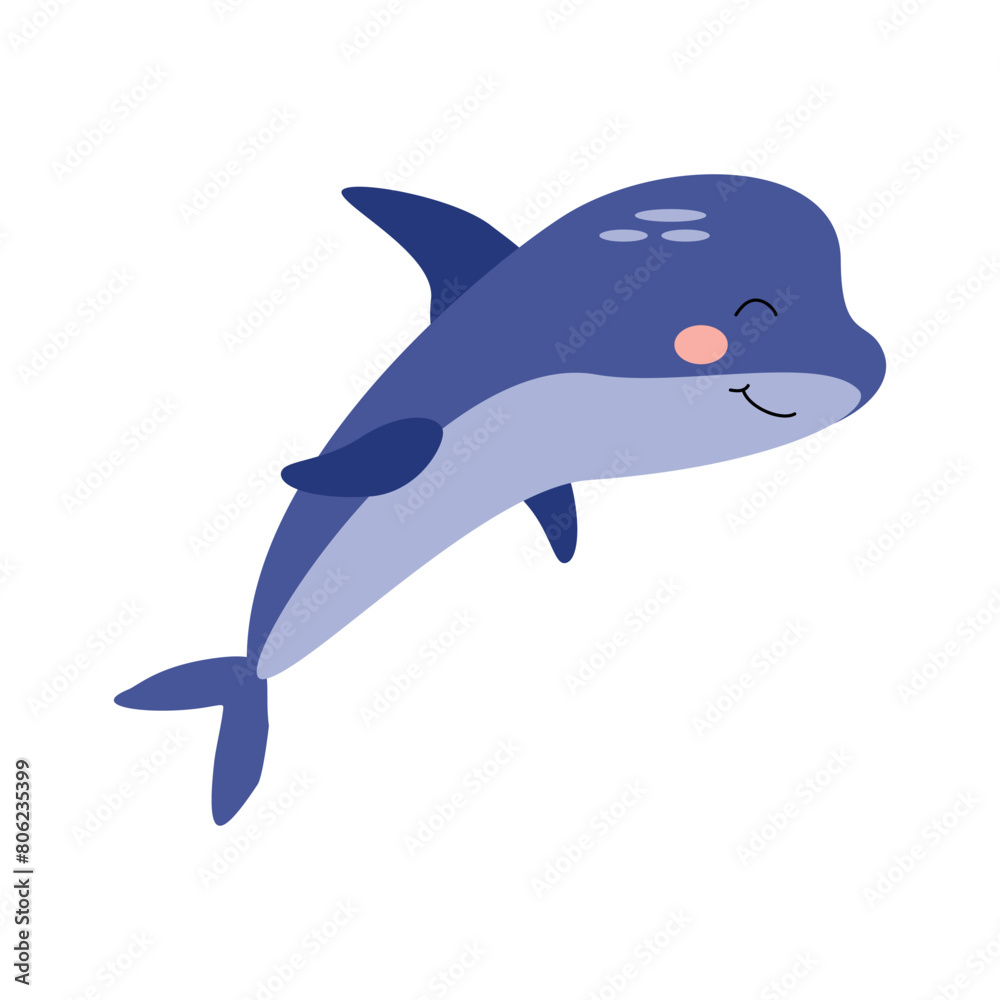 Obraz premium Cute funny dolphin character, sea animal. Vector cartoon illustration for children's books, stickers, products, room decoration.