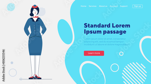 Stewardess wearing uniform. Female airlines employee flat vector illustration. Job, occupation, travel concept for banner, website design or landing web page