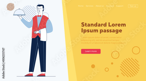 Waiter carrying dish. Man in bowtie with towel on hand flat vector illustration. Restaurant, dinner, catering concept for banner, website design or landing web page