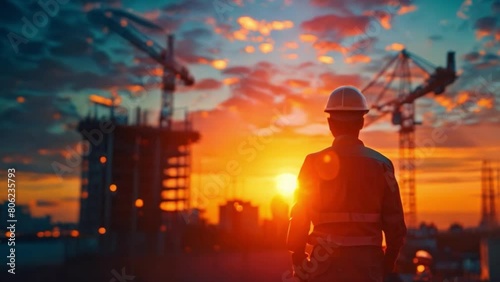 Back view of male engineer standing at construction site to inspect planning work and monitor project construction progress at construction site on sunset evening