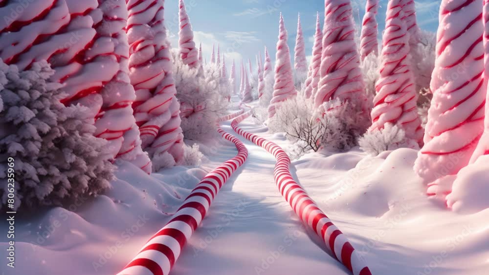 3D candy cane forest with sugar dusted paths and peppermint trees