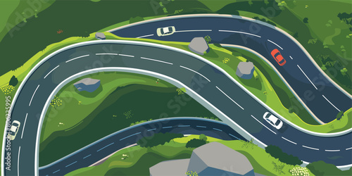 Aerial View of Winding Highway in Mountain Landscape: Cartoon Overhead Background