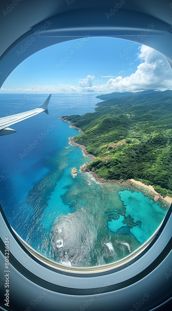 Fototapeta premium Top view from aircraft window on azure coast of islands.