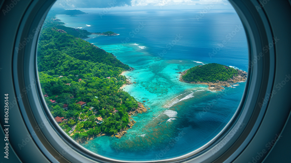 Top view from illuminator of the private jet on tropical islands. Top view from illuminator of the private jet on tropical islands.