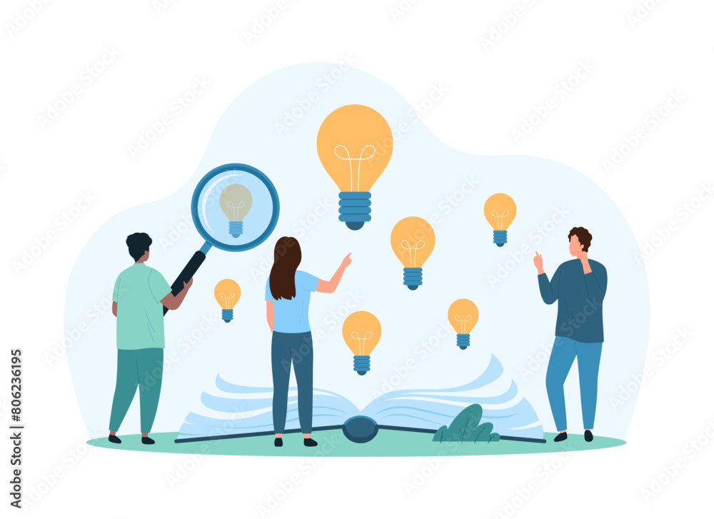New creative idea research during study, knowledge and wisdom, energy of education. Tiny people look through magnifying glass at light bulbs flying from open book cartoon vector illustration New creative idea research during study, knowledge and wisdom, energy of education. Tiny people look through magnifying glass at light bulbs flying from open book cartoon vector illustration