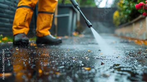 Worker cleaning driveway with pressure washer. © Tech Hendra