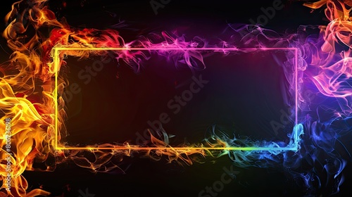 A fiery rectangular frame with multicolored flames on a dark background