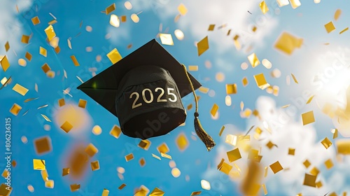 A graduation cap with the year 2025 amidst falling confetti against a clear blue sky photo