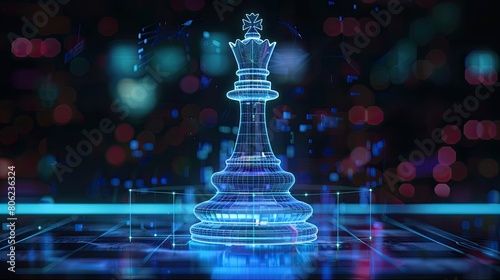 A glowing holographic chess piece displayed in a high-tech digital environment