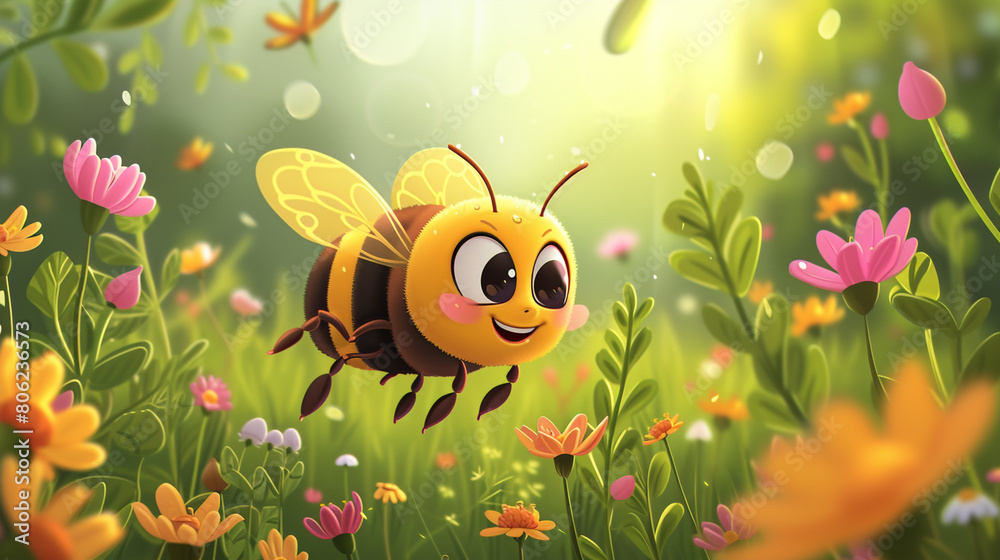 A cute clip art of a smiling bee hovering over a flower, with cartoon-like features and bright colors. A cute clip art of a smiling bee hovering over a flower, with cartoon-like features and bright colors.