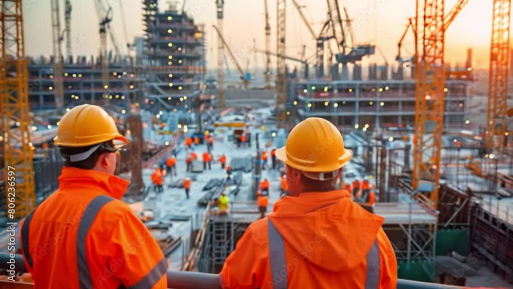 A team of planning engineers talks with project managers and construction workers to refine strategies for optimal project execution. Blueprints and plans in hand at construction site