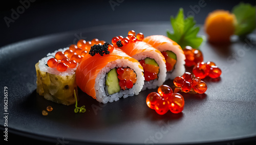 Fototapeta Naklejka Na Ścianę i Meble -  sushi with red caviar restaurant menu