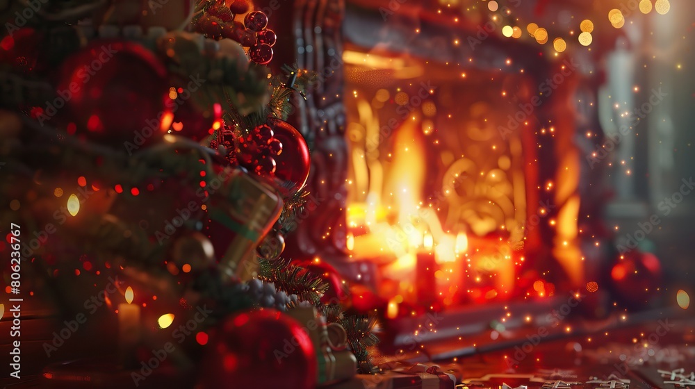 Fototapeta premium A cozy festive scene with Christmas decorations and a warm fireplace