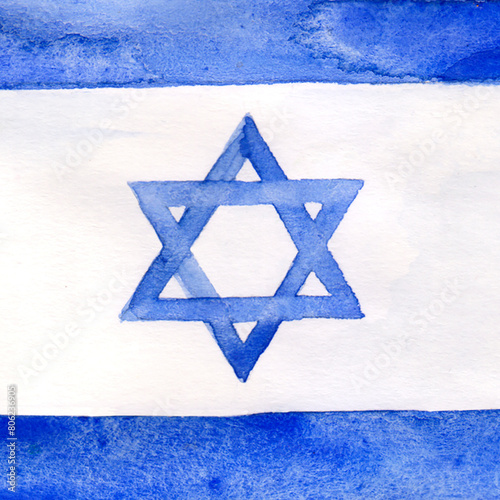National flag of Israel, watercolor illustration of square symbol in blue and white color.
