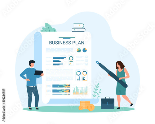 Business plan, financial accounting and audit. Tiny people write with pen in paper document, analysts research and analyze financial chart reports for success investment cartoon vector illustration