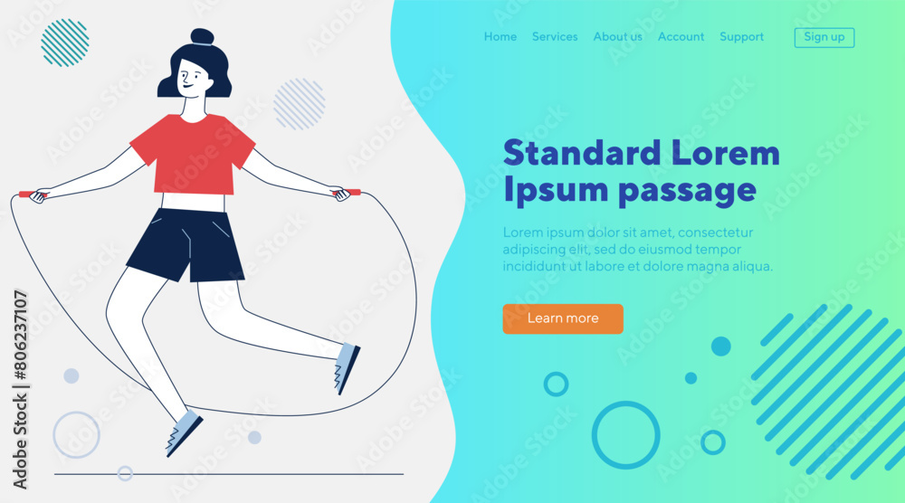 Obraz premium Young woman jumping rope. Female character warming up flat vector illustration. Body training workout, activity concept for banner, website design or landing web page