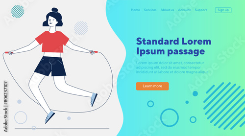 Young woman jumping rope. Female character warming up flat vector illustration. Body training workout, activity concept for banner, website design or landing web page