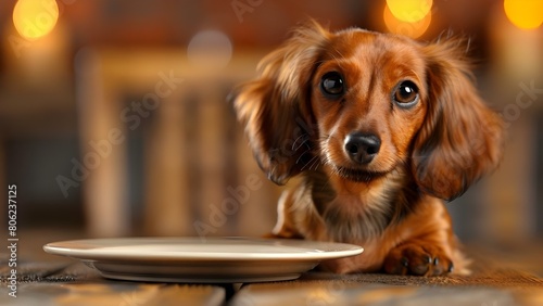 Excited dachshund puppy waits at dining table showing good manners. Concept Pet Photography, Animal Behavior, Manners Training, Cute Animals, Excited Expressions