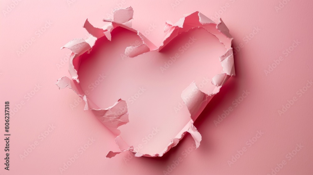 Pink paper heart. Torn hole in pink paper in the shape of a heart.