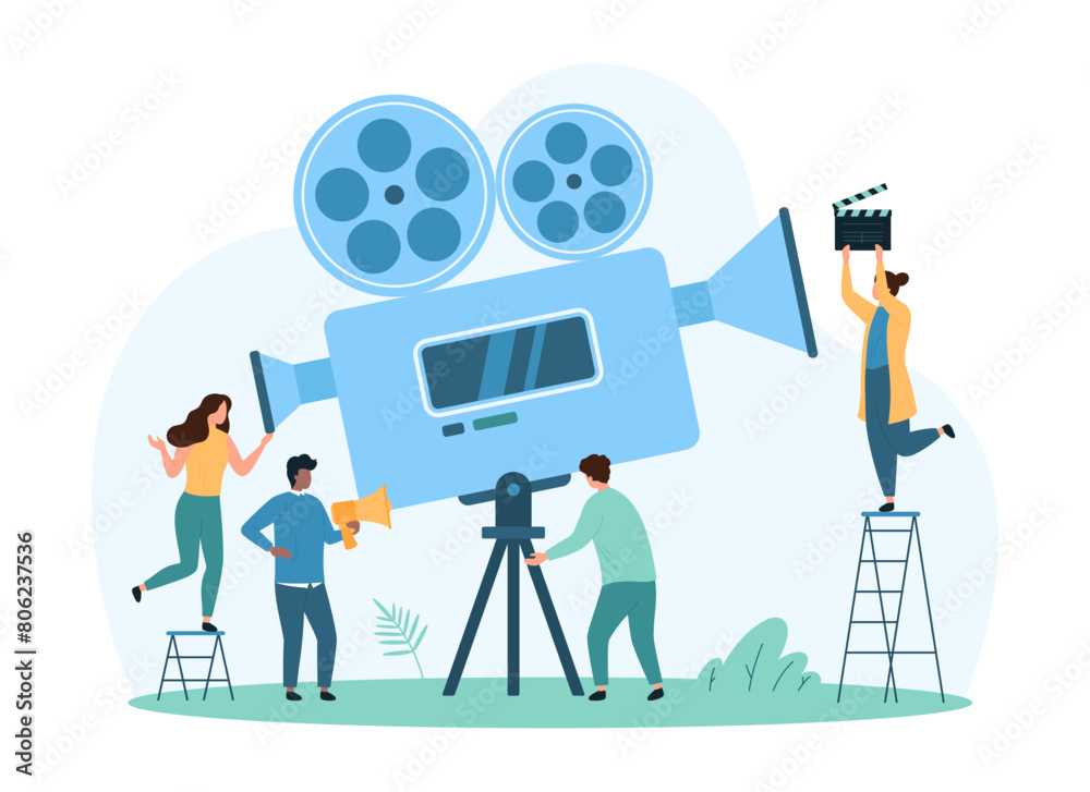 Video recording, videography and multimedia production. Tiny people with megaphone, clapperboard and professional camera record film, studio backstage of movie making cartoon vector illustration