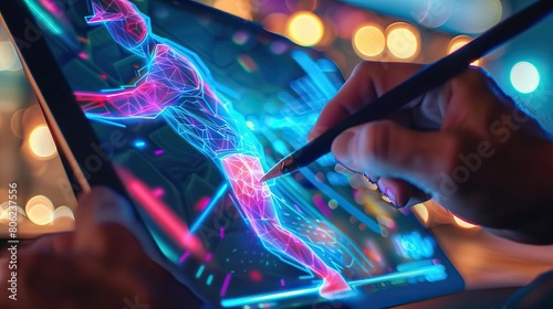 a person using a stylus to draw on a tablet. The tablet is displaying a 3D model of a human body. photo
