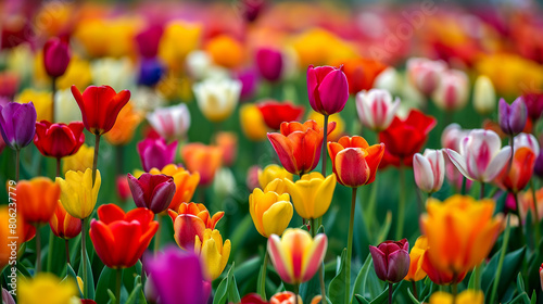 A field of tulips in various shades, creating a mesmerizing carpet of color in April #806237779