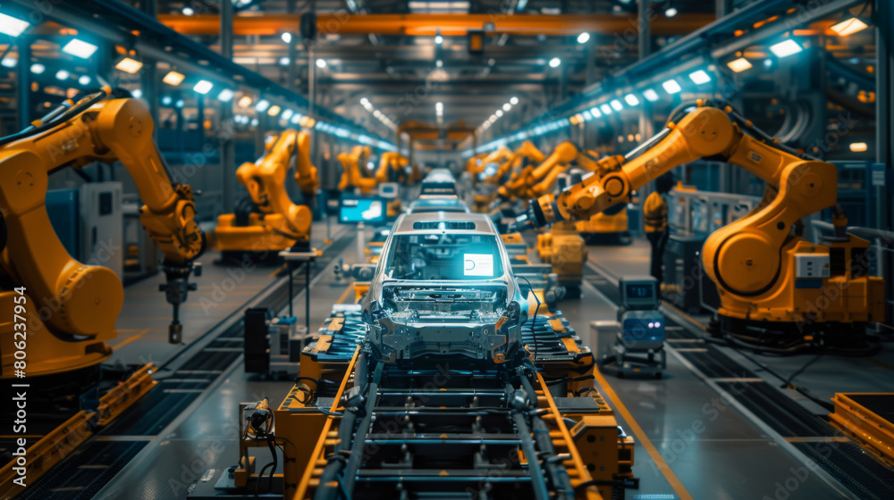 High-tech automotive assembly line with robotic arms and vehicle chassis. High-tech automotive assembly line with robotic arms and vehicle chassis.