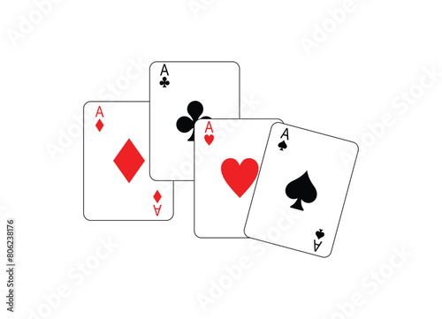 Vector playing cards. Playing cards on an isolated white background. Four aces, red, black cards. Gambling. Poker.