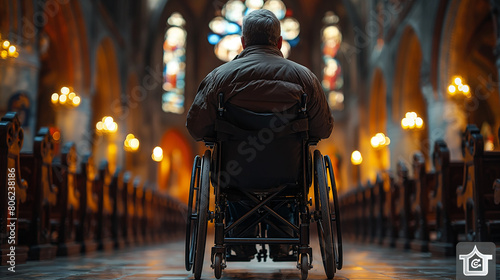 man in a wheelchair in a church