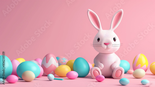 A cuddly Easter bunny with a basket of colorful eggs celebrates the spring holiday ,Easter day concept background © OHishi_Foto