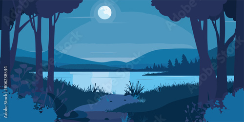 Moonlit Summer Forest: Cartoon Vector Illustration of Nighttime Landscape