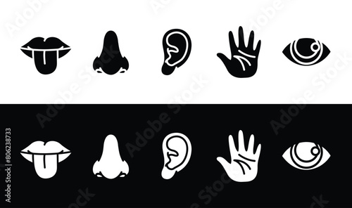 Set of human 5 senses icon symbol. Taste, smell, hearing, touch, sight. Five senses silhouette  vector illustration
