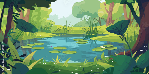 Sylvan Serenity: Vector Cartoon Illustration of Summer Forest Landscape with Pond
