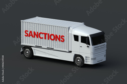 Inscription sanctions on freight container on truck. Prohibition of import and export of goods. International restrictions. Impossibility of cargo delivery. Termination of contracts. 3d render photo
