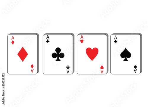 Vector playing cards. Playing cards on an isolated white background. Four aces, red, black cards. Gambling. Poker.