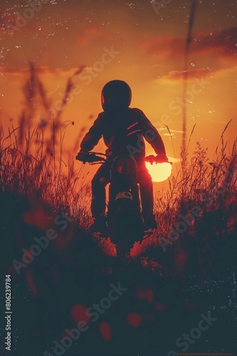 Silhouette of a motorcyclist at sunset in the field. Generative AI. © Aga Bak