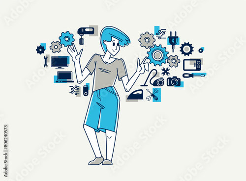 Technician engineer repairing household appliances, repairman service vector outline illustration, engineer fixing and upgrading different technics.