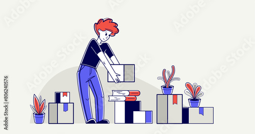 Moving to new apartment or business moving to new office, person carry and unpack boxes with stuff, beginning of new life, vector outline illustration.